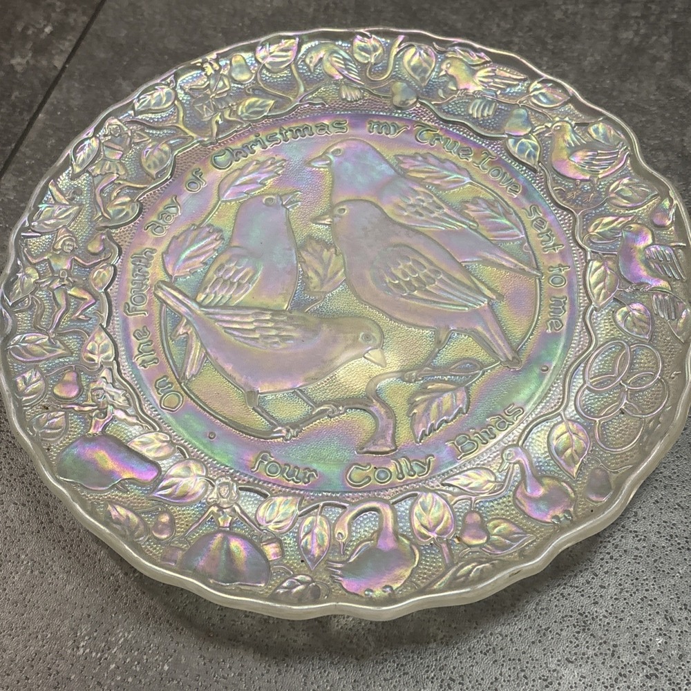 Imperial Glass Four Colly Birds, 1973 Christmas, White Plate 8 3/4" Iridescent